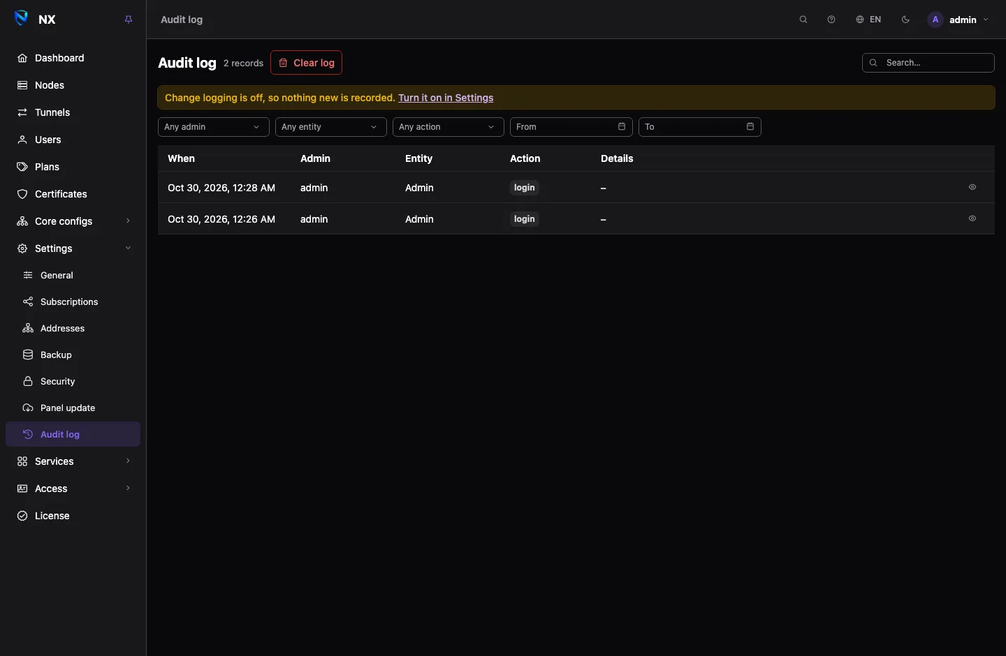The audit log: filters for admin, entity, action and dates above a list of records with their time, admin, entity and action