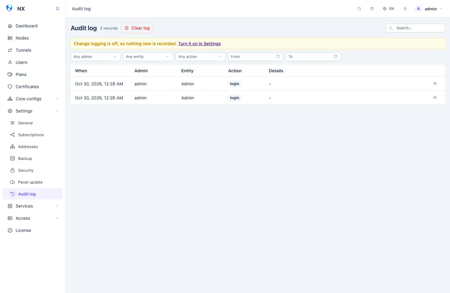 The audit log: filters for admin, entity, action and dates above a list of records with their time, admin, entity and action