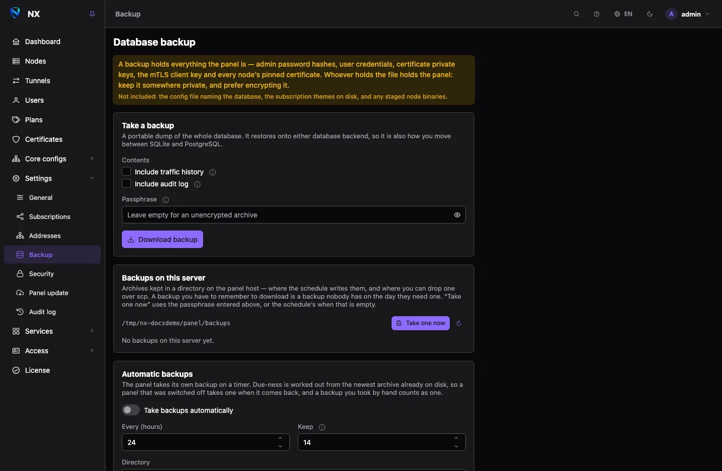 The Backup page: cards to take and download a backup, the list of backups kept on the server, the automatic backup schedule, and a drop area to check and restore an archive