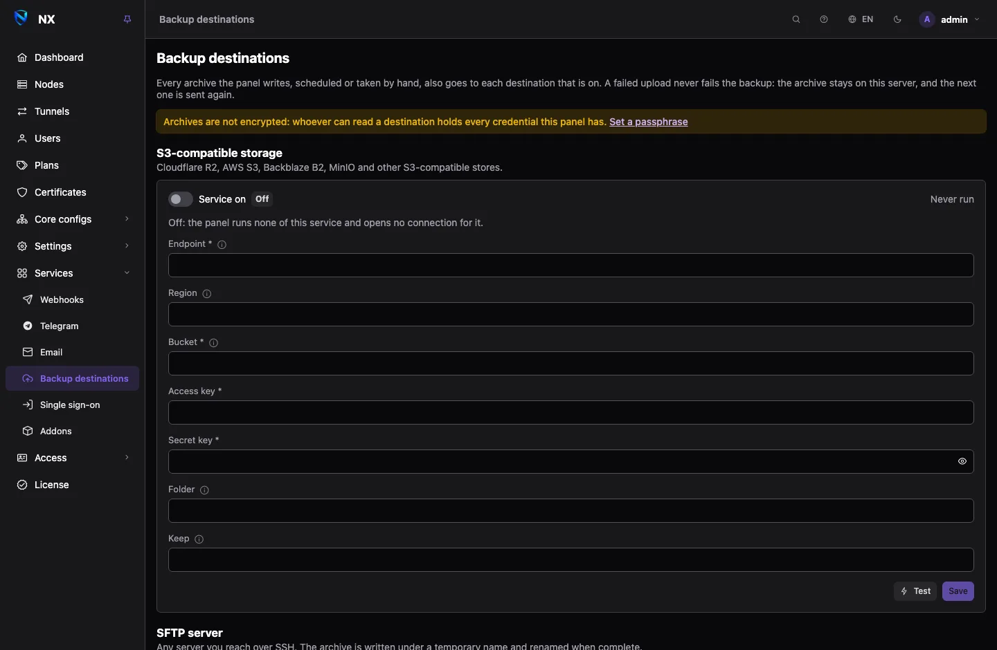 The Backup destinations page: three service cards, for S3-compatible storage, an SFTP server and Telegram