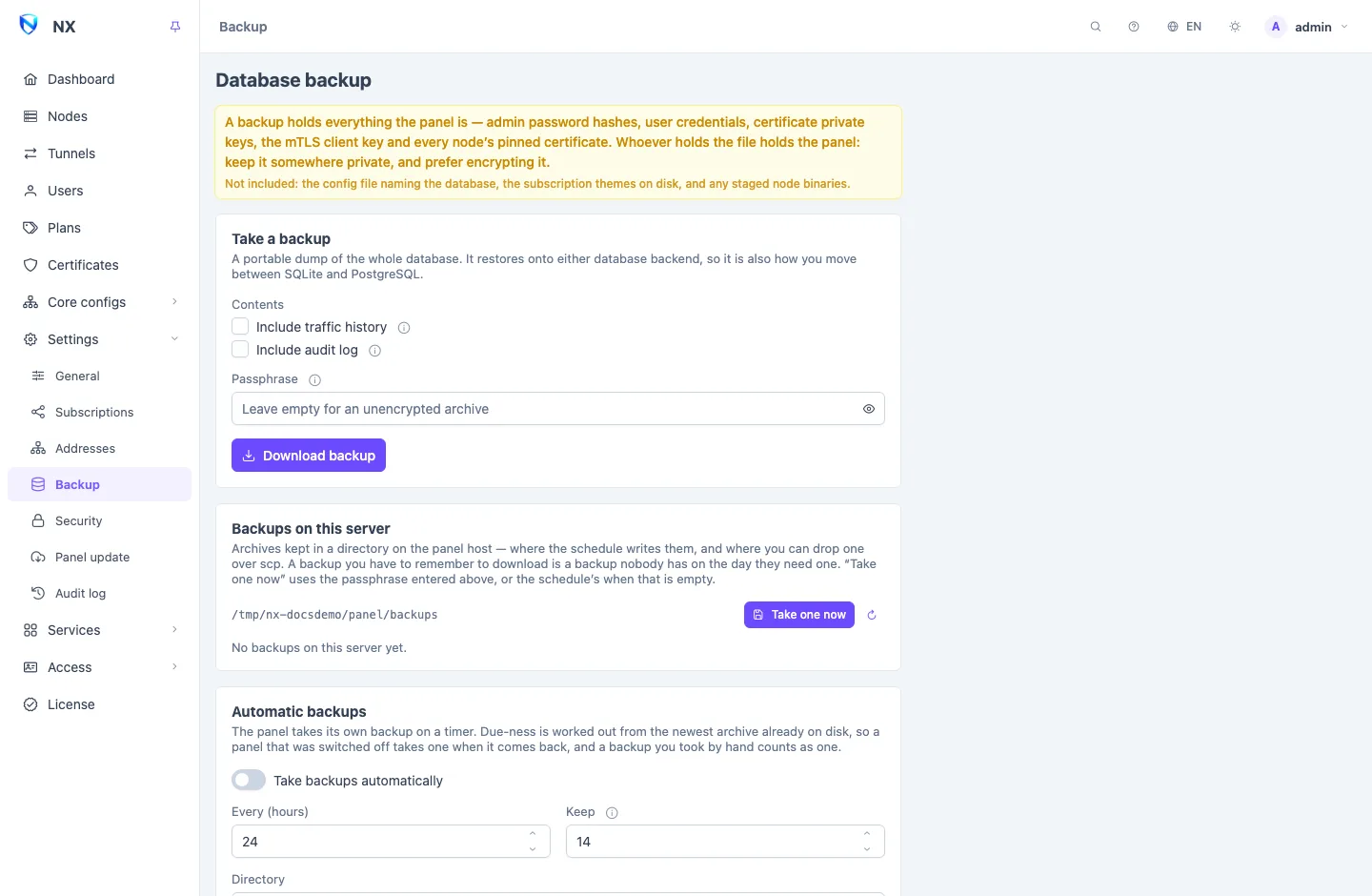 The Backup page: cards to take and download a backup, the list of backups kept on the server, the automatic backup schedule, and a drop area to check and restore an archive