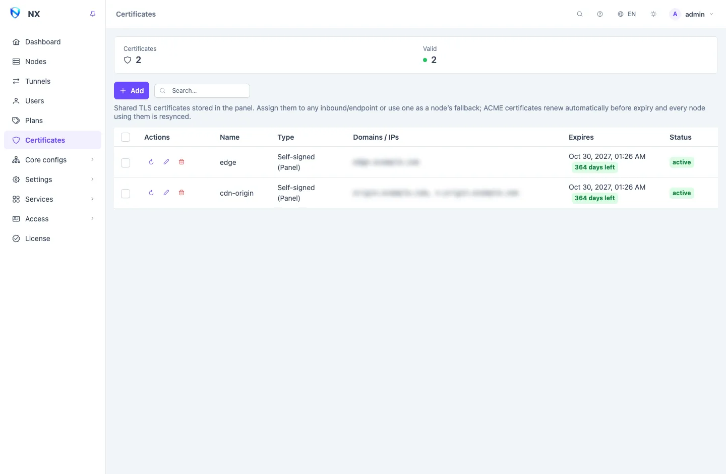The Certificates page: a summary strip counting valid, expiring, expired, pending and failed certificates, above a list of names, types, domains and expiry dates