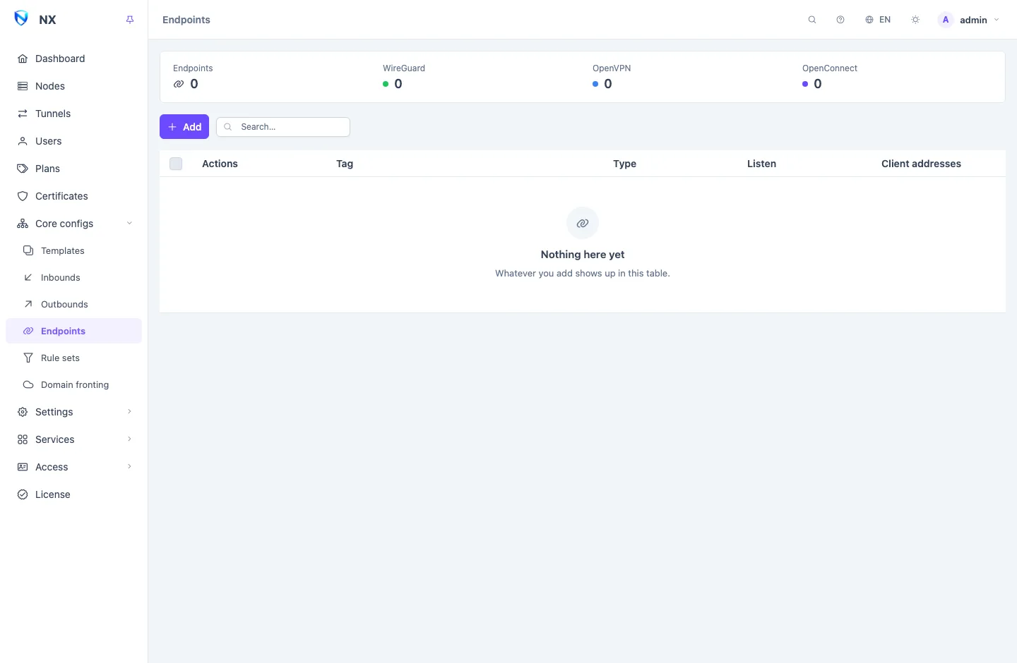 The Endpoints page: a list of endpoint tags and types, with the listen address and the client address pool of each