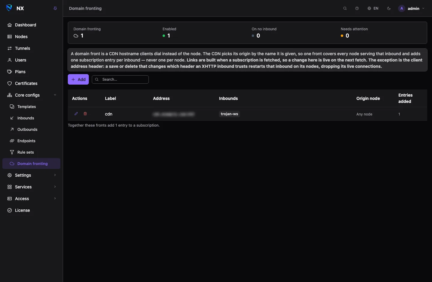 The Domain fronting page: a list of fronts with their label, CDN address, port, the inbounds each one is enabled on, and the entries it adds to a subscription