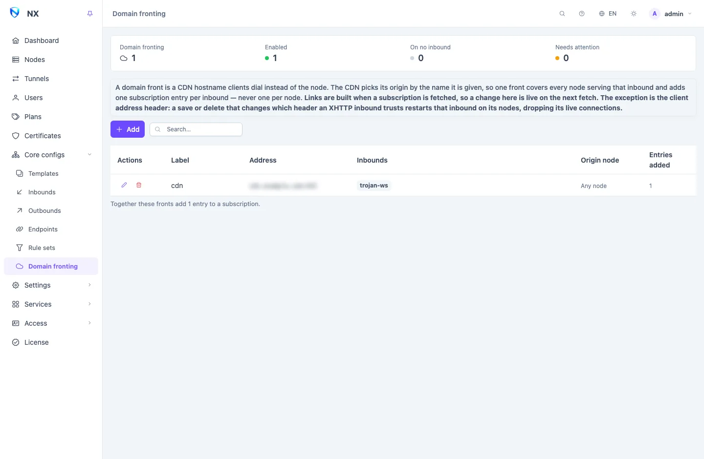 The Domain fronting page: a list of fronts with their label, CDN address, port, the inbounds each one is enabled on, and the entries it adds to a subscription