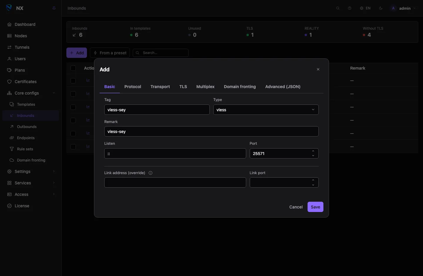 Add an inbound from a preset, with VLESS + REALITY first in the list