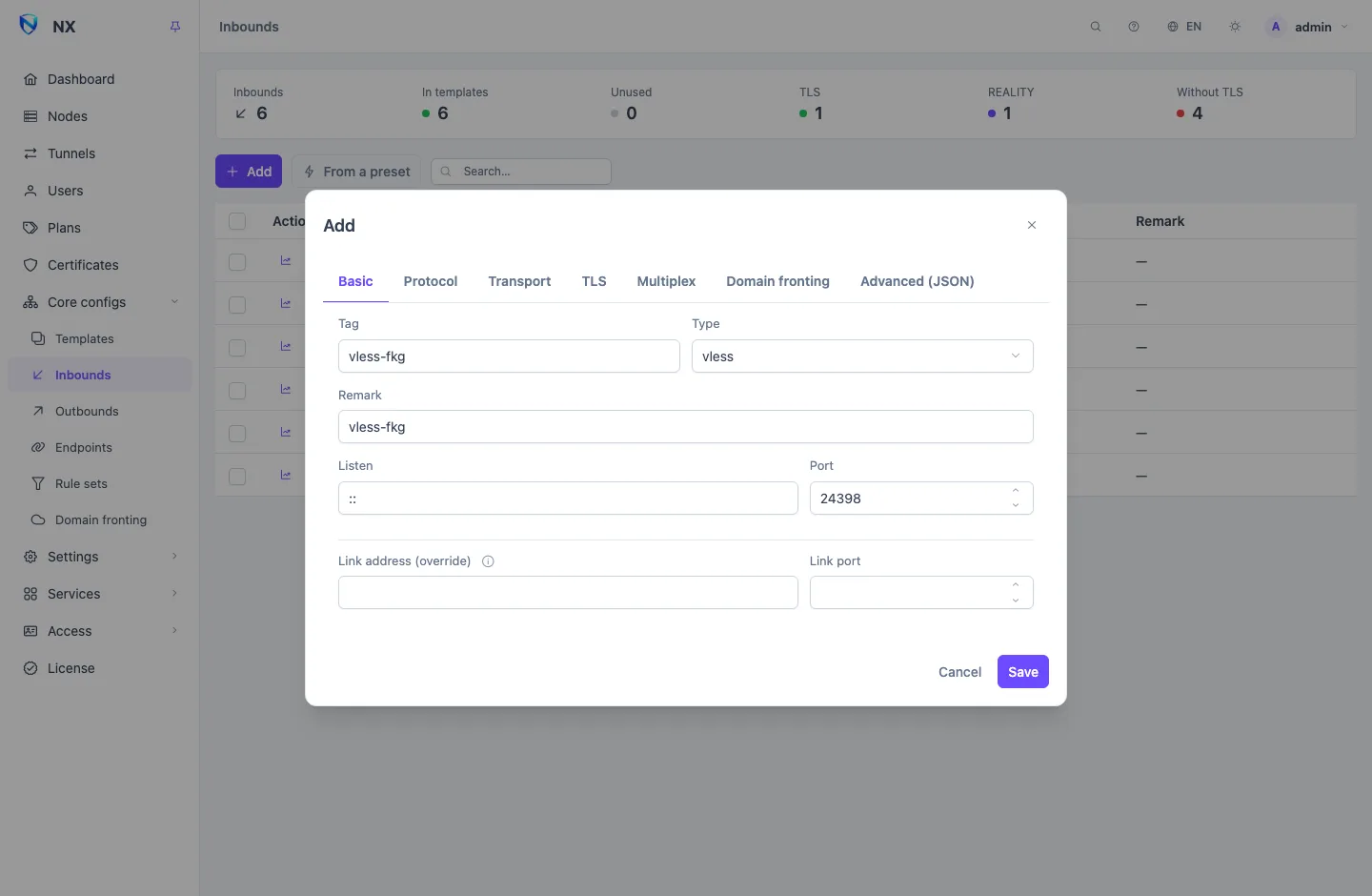Add an inbound from a preset, with VLESS + REALITY first in the list