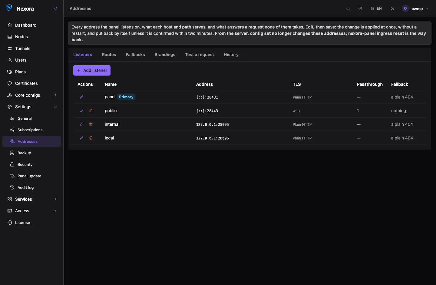The Addresses page: tabs for listeners, routes, fallbacks, brandings, a request test and the change history, above the list of listeners