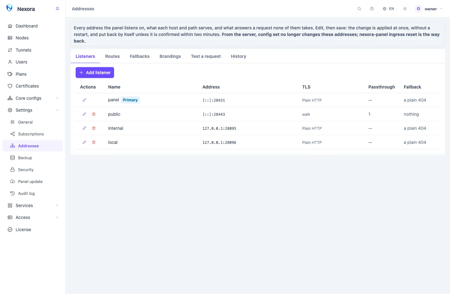 The Addresses page: tabs for listeners, routes, fallbacks, brandings, a request test and the change history, above the list of listeners