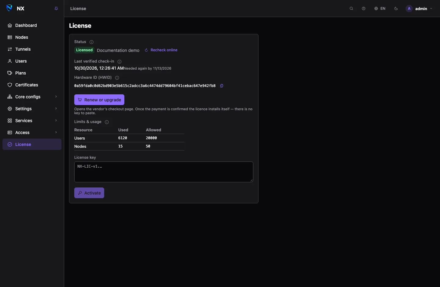 The License page: the status, the buy or renew button, the limits and usage table, and the licence key field