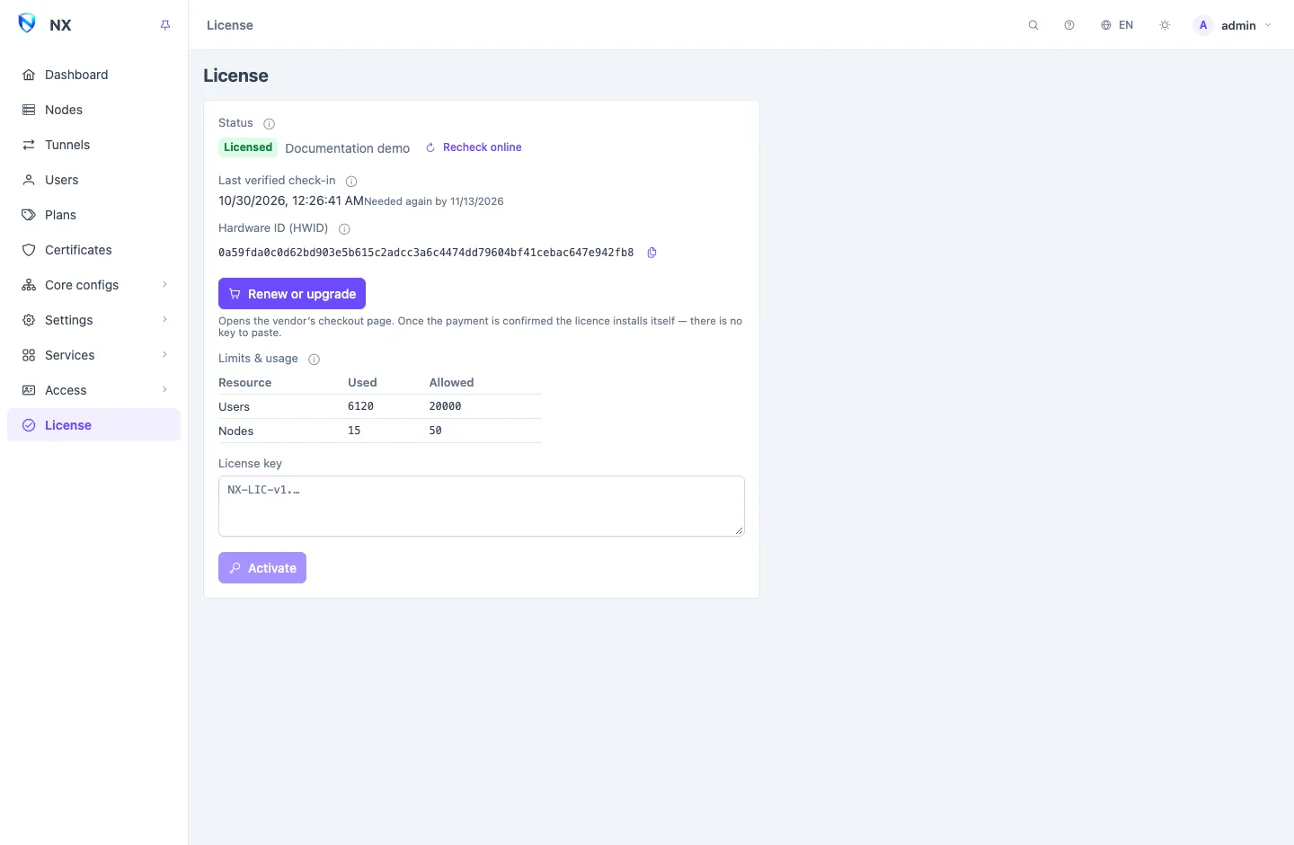 The License page: the status, the buy or renew button, the limits and usage table, and the licence key field