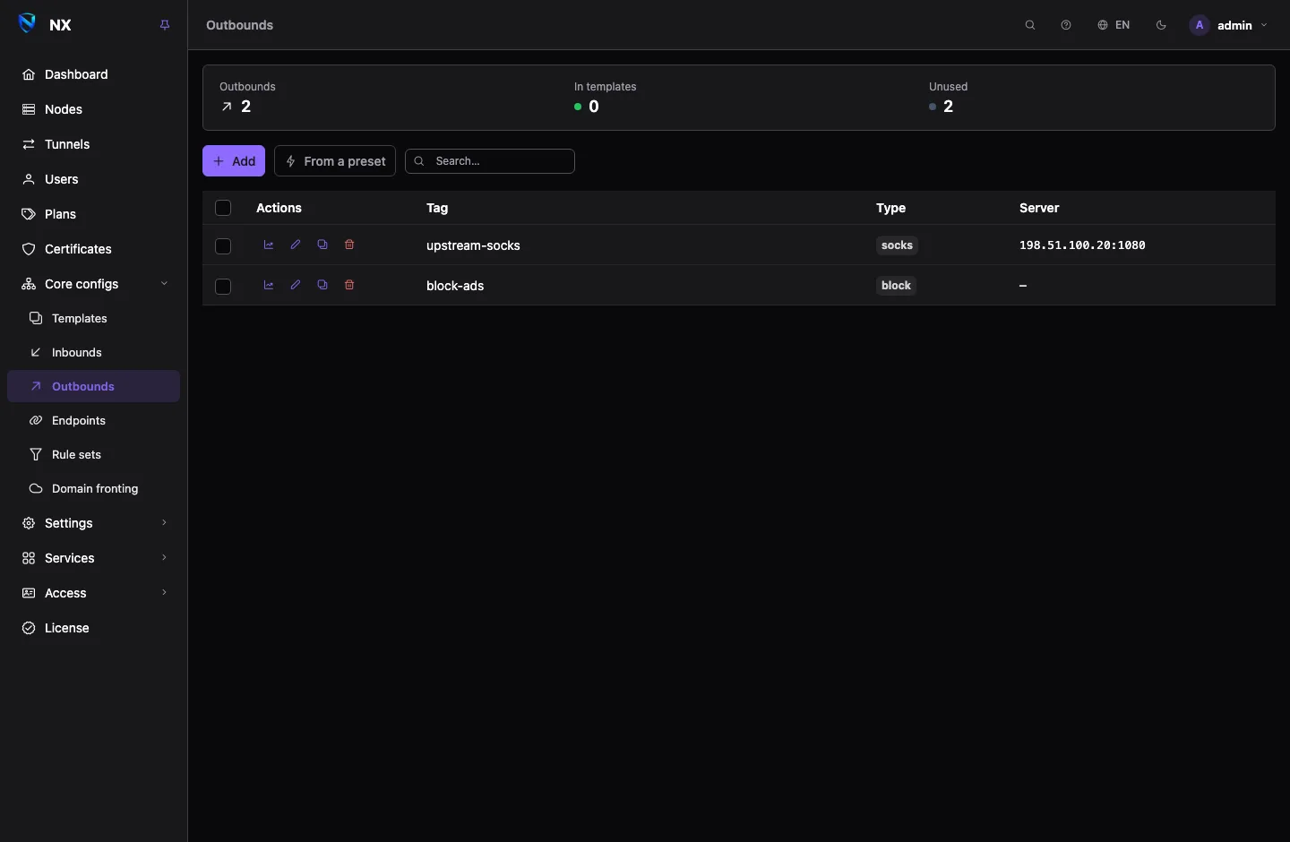 The Outbounds page: a summary strip counting outbounds in templates and unused, above a list of tags, types and servers