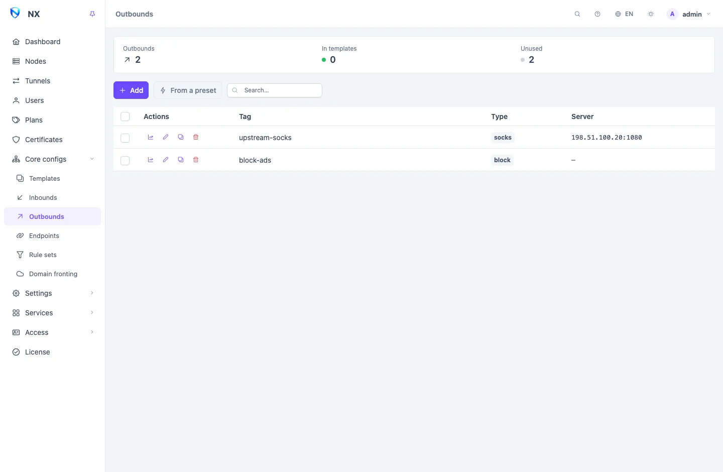 The Outbounds page: a summary strip counting outbounds in templates and unused, above a list of tags, types and servers