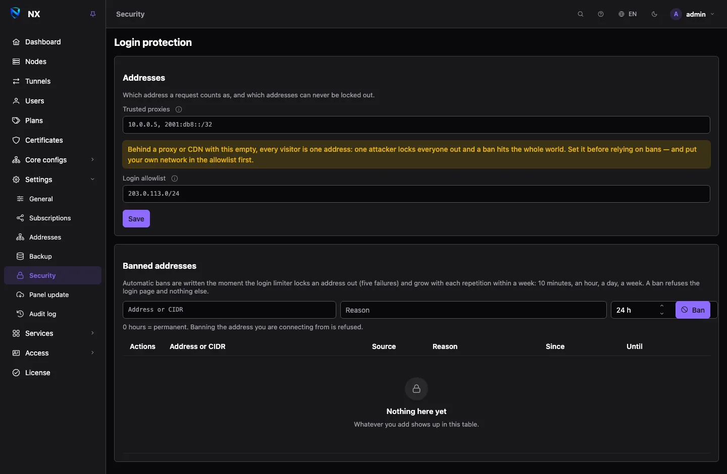 The Security page: the trusted proxies and login allowlist fields, and a list of banned addresses with their source, reason and expiry