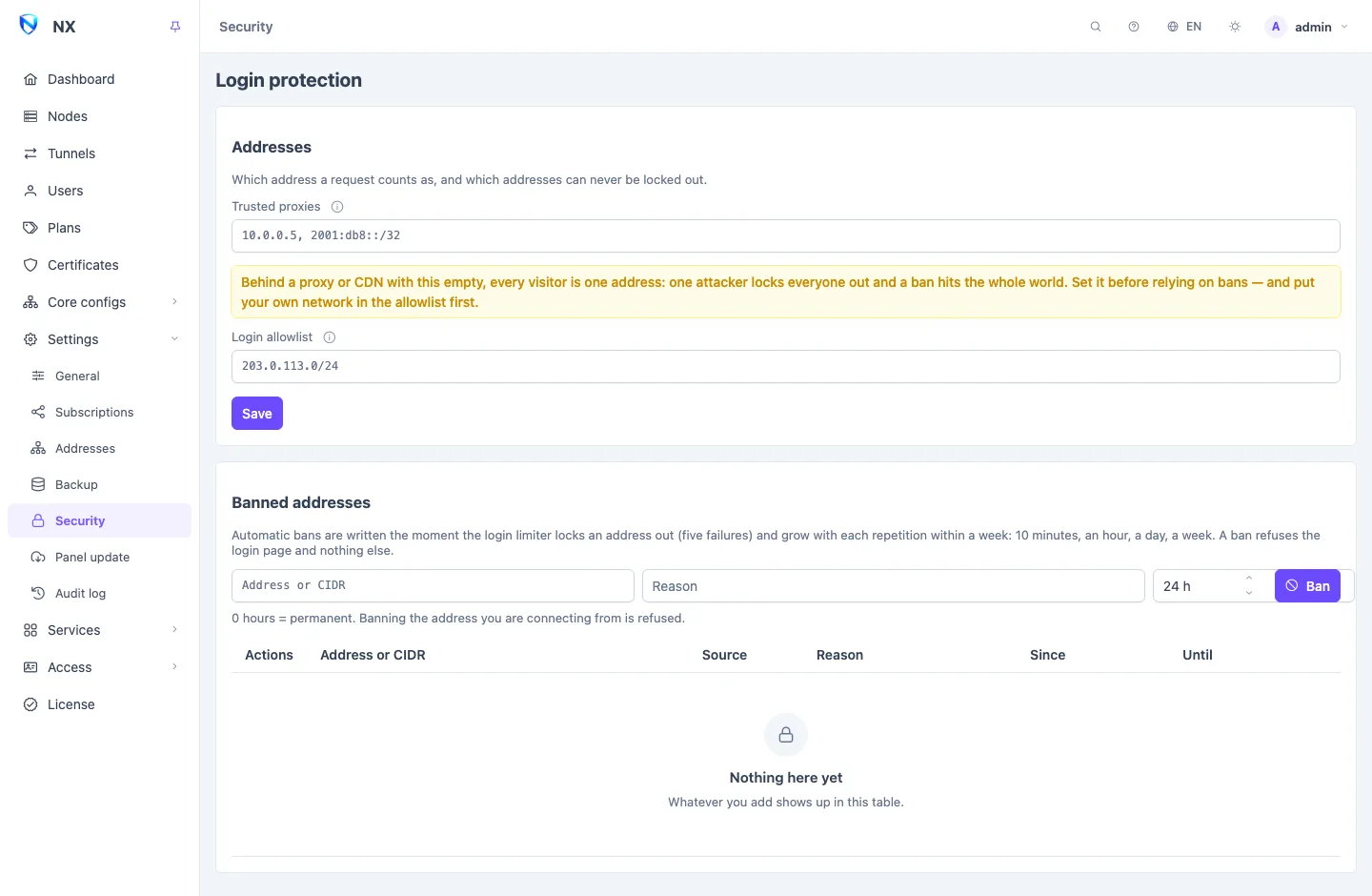 The Security page: the trusted proxies and login allowlist fields, and a list of banned addresses with their source, reason and expiry