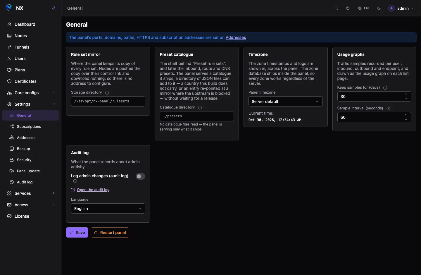 The General settings page: a pointer to the Addresses page above cards for the rule set mirror, the preset catalogue, the timezone, usage graphs and the audit log