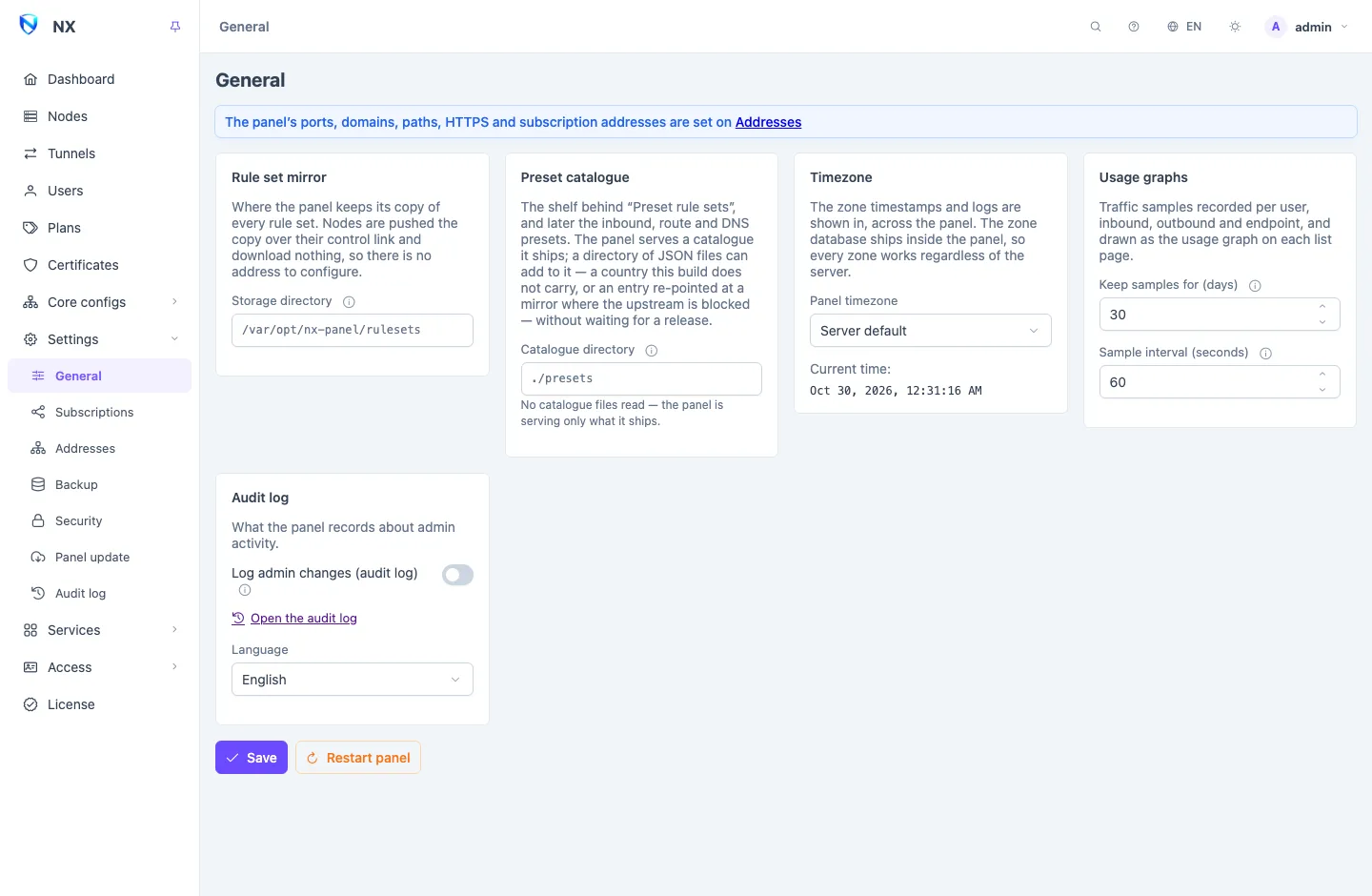 The General settings page: a pointer to the Addresses page above cards for the rule set mirror, the preset catalogue, the timezone, usage graphs and the audit log