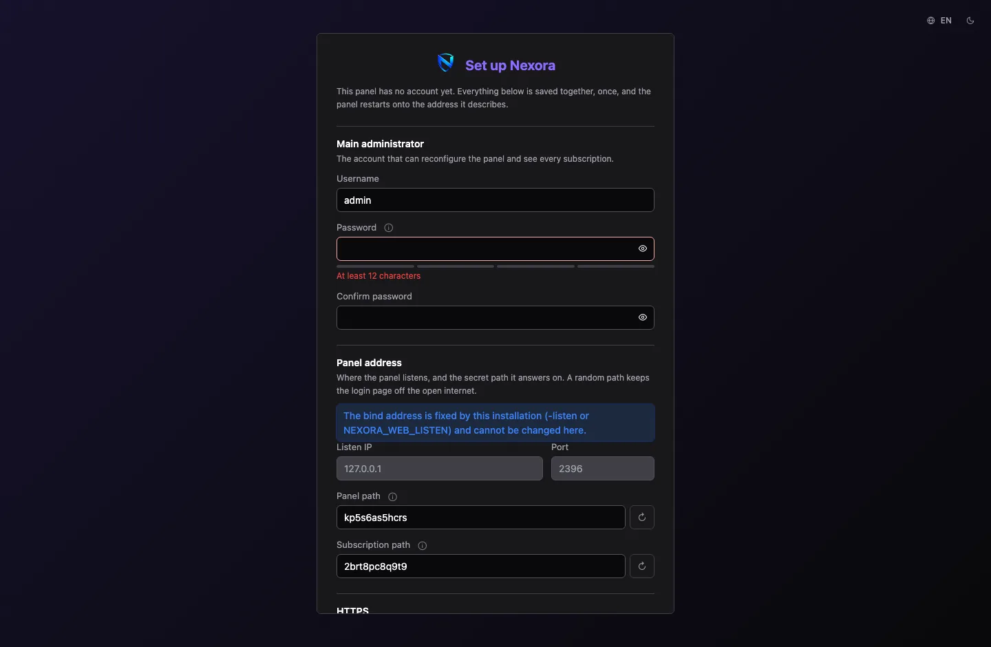 The Set up NX form: main administrator, panel address, HTTPS and time zone