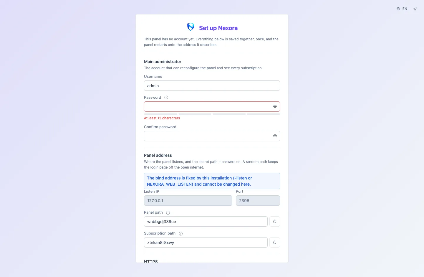 The Set up NX form: main administrator, panel address, HTTPS and time zone