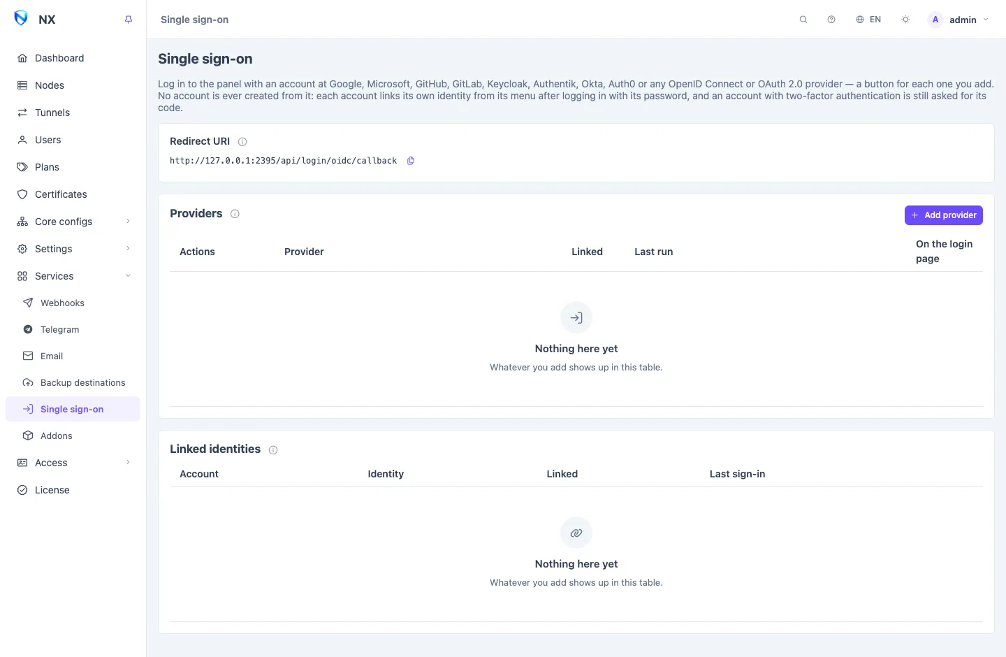 The Single sign-on page: the redirect URI to register, the list of providers, and the identities linked to accounts