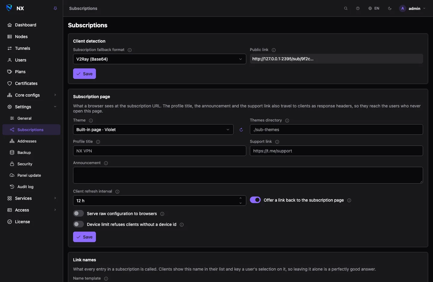 The Subscriptions settings page: cards for client detection, the subscription page and its theme, link names with a preview, and the base configuration for each format