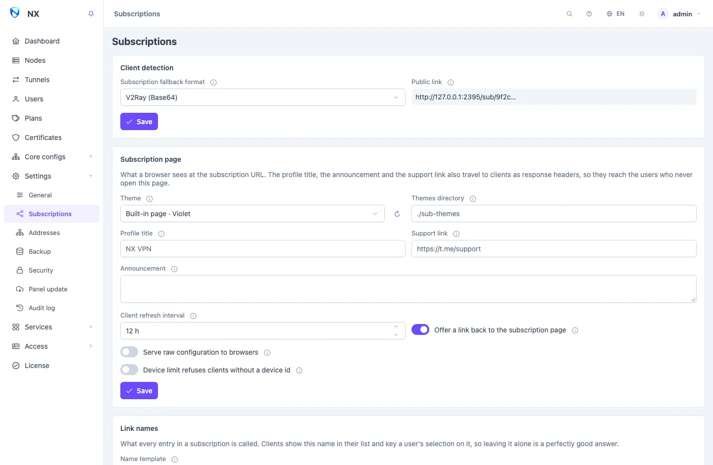 The Subscriptions settings page: cards for client detection, the subscription page and its theme, link names with a preview, and the base configuration for each format