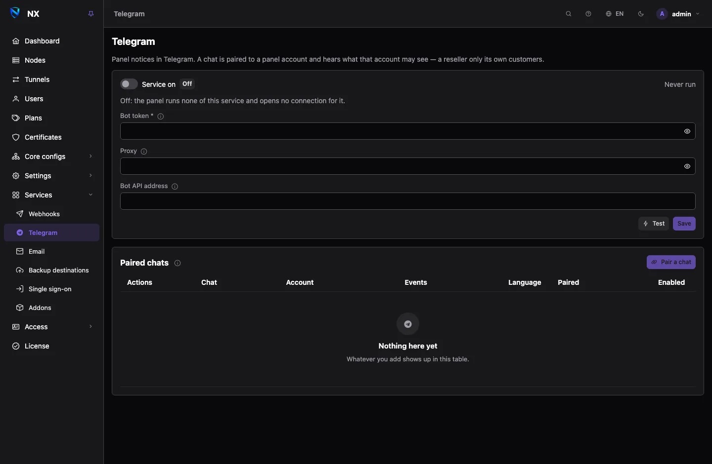 The Telegram page: the service card with the bot token, proxy and Bot API address, above the list of paired chats