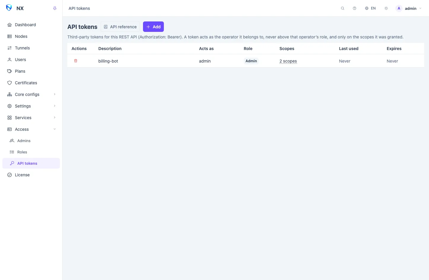 The API tokens page: a list of tokens with the admin each acts as, its role, scopes, last use and expiry