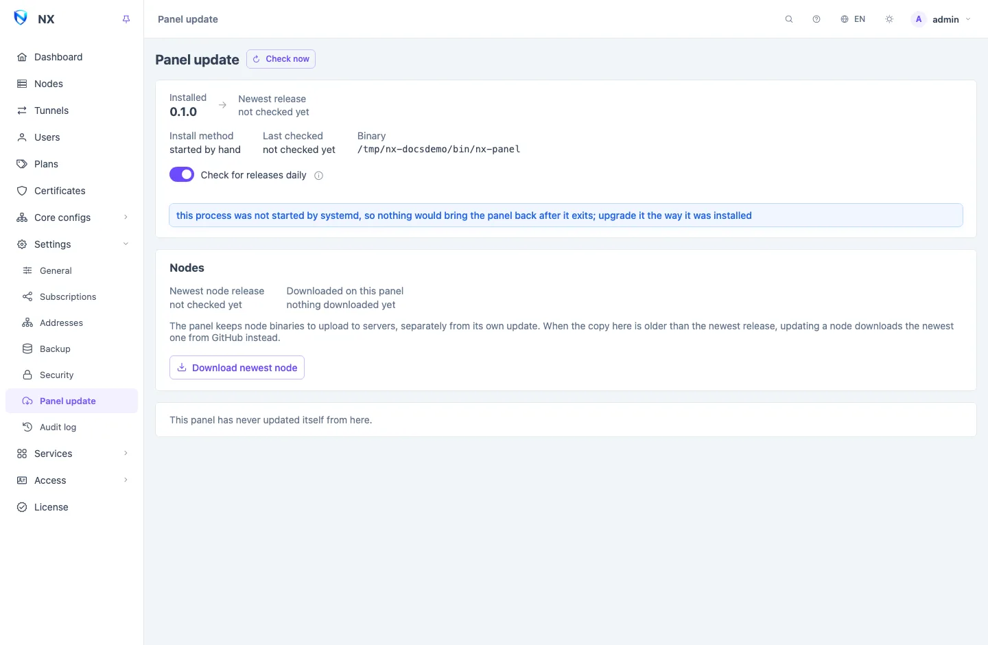 The Panel update page: installed and newest version, the update button and the nodes section