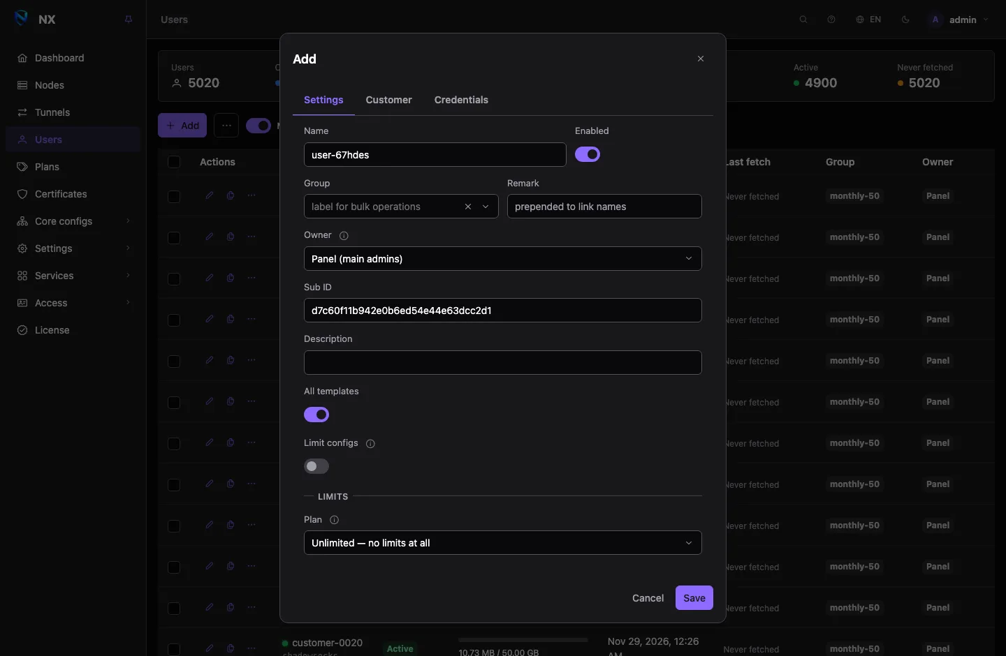 The new user form: name, group, templates, then the plan picker and the limits