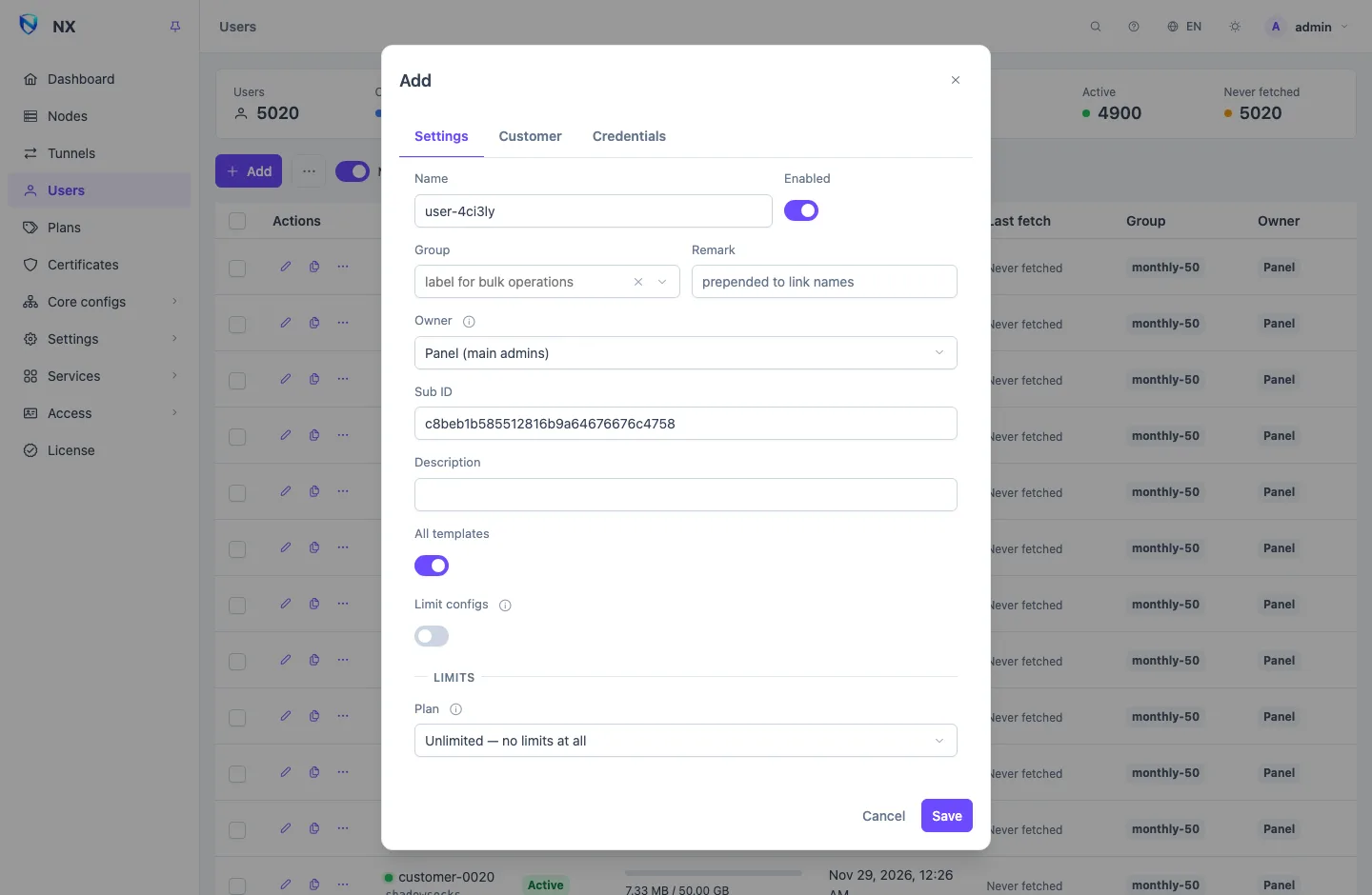 The new user form: name, group, templates, then the plan picker and the limits