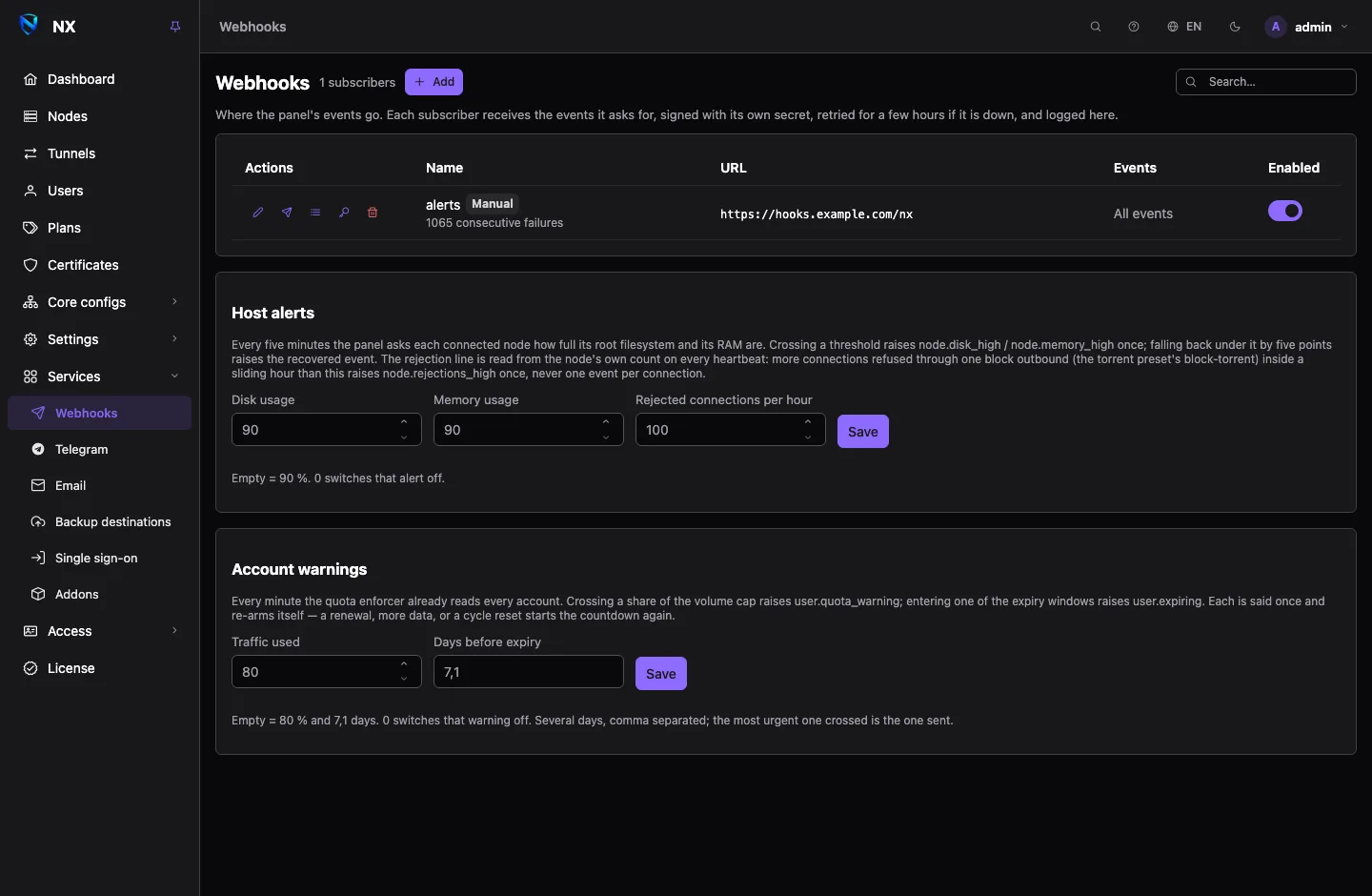 The Webhooks page: a list of subscribers with their address, events and switch, above the host alert and account warning thresholds