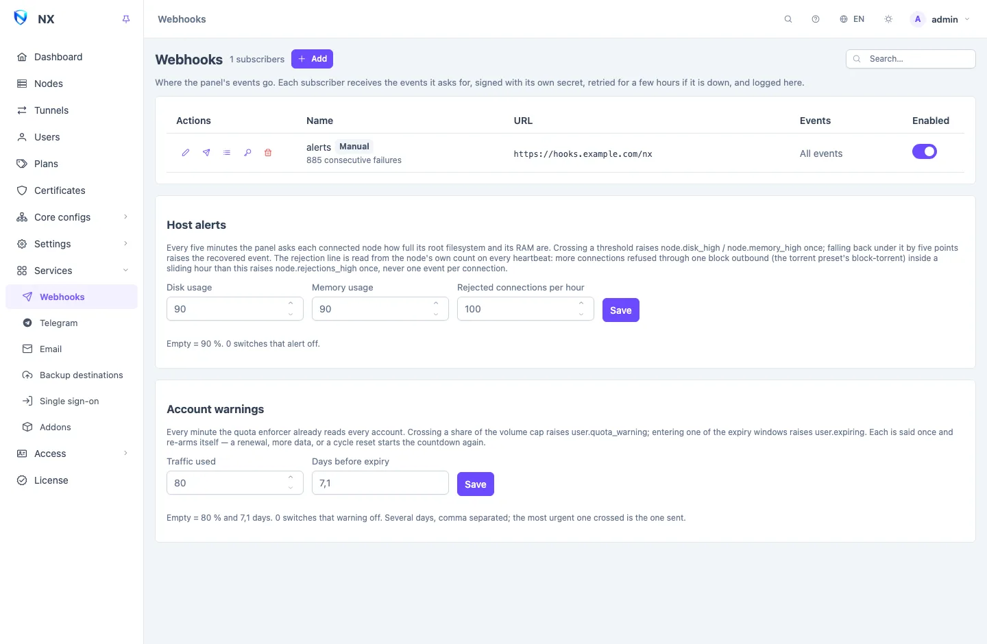 The Webhooks page: a list of subscribers with their address, events and switch, above the host alert and account warning thresholds