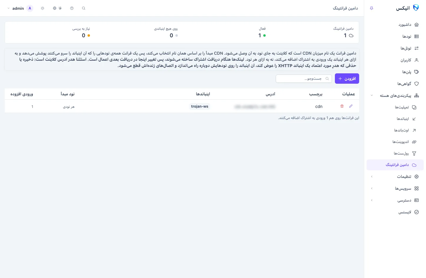 صفحه‌ی دامین فرانتینگ: فهرستی از فرانت‌ها با برچسب، آدرس CDN، پورت، اینباندهایی که هر کدام روی آن‌ها فعال است، و ورودی‌هایی که به اشتراک اضافه می‌کند