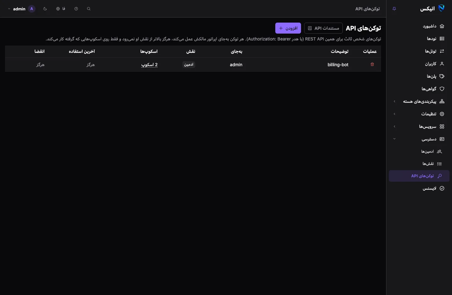 صفحه‌ی توکن‌های API: فهرستی از توکن‌ها با ادمینی که هر کدام به‌جایش عمل می‌کند، نقش، اسکوپ‌ها، آخرین استفاده و انقضا