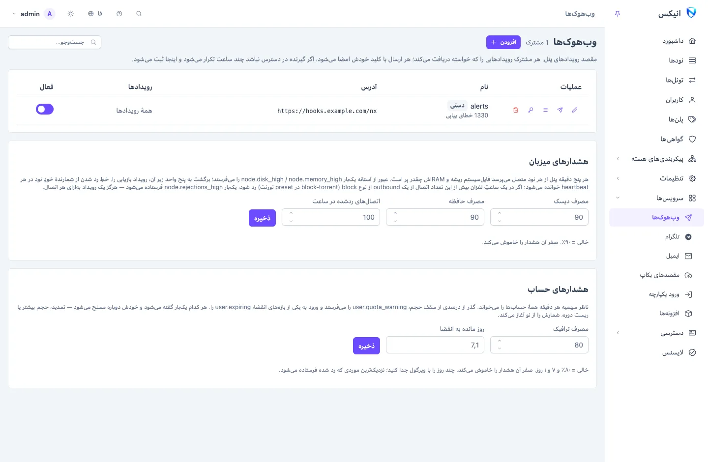 صفحه‌ی وب‌هوک‌ها: فهرستی از مشترک‌ها با آدرس، رویدادها و کلیدشان، بالای آستانه‌های هشدار میزبان و هشدار حساب